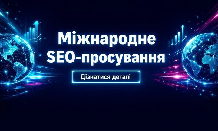Банер «Міжнародне SEO-просування» з двома неоновими глобусами, графіками зростання та кнопкою «Дізнатися деталі».