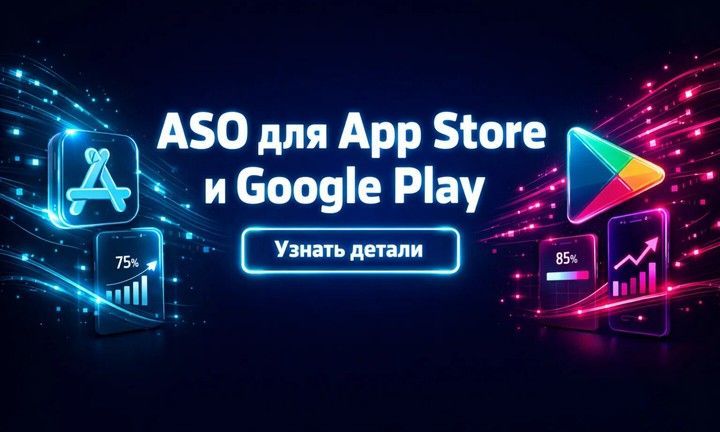 Неоновый баннер «ASO для App Store и Google Play» с иконками магазинов, смартфонами со статистикой и кнопкой «Узнать детали».