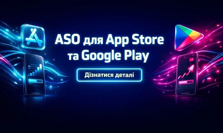 Неоновий банер «ASO для App Store та Google Play» із значками магазинів, смартфонами зі статистикою та кнопкою «Дізнатися деталі».