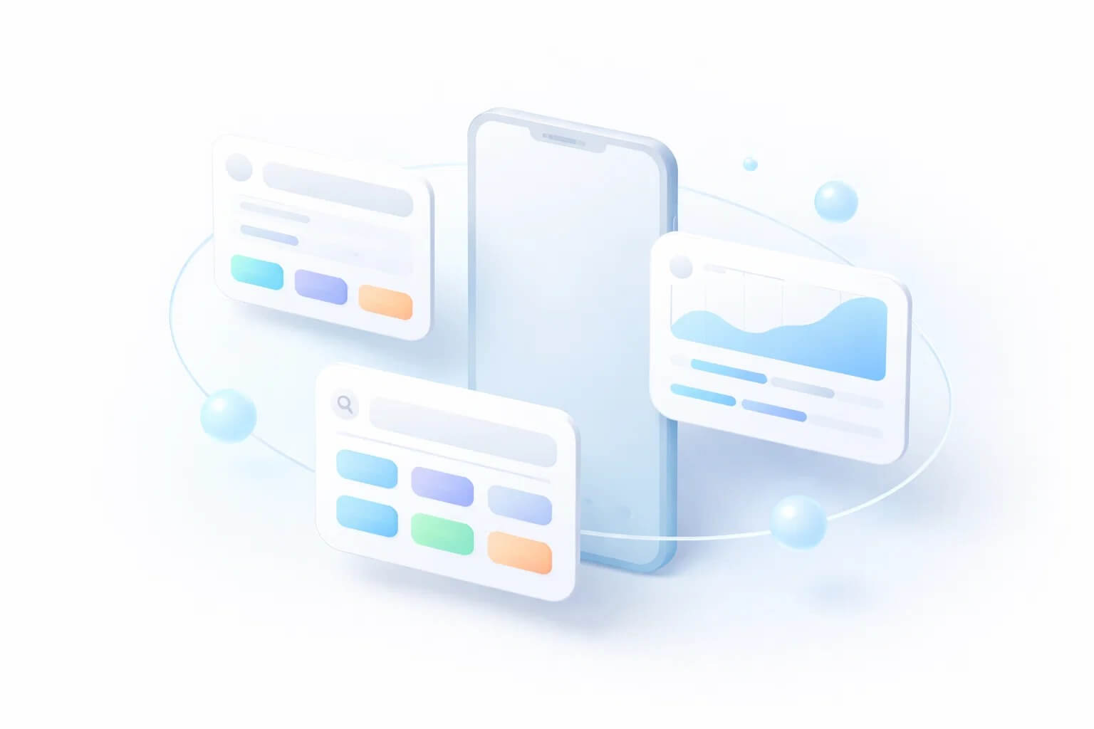 3D-сцена про ASO в App Store: картки полів метаданих навколо смартфона, акуратна композиція, без тексту і значків брендів.