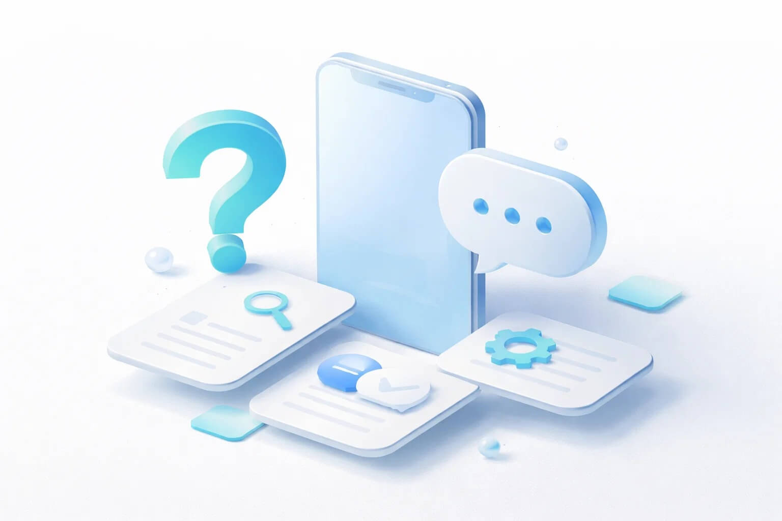 3D-композиція FAQ: значки запитання і відповіді, картки підказок поруч зі смартфоном, дружня мінімалістична ілюстрація.