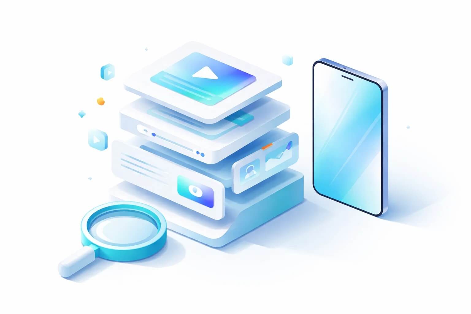 3D-ілюстрація ASO для Google Play: блоки короткого і повного опису, знак пошуку і смартфон, чистий мінімалізм без літер.