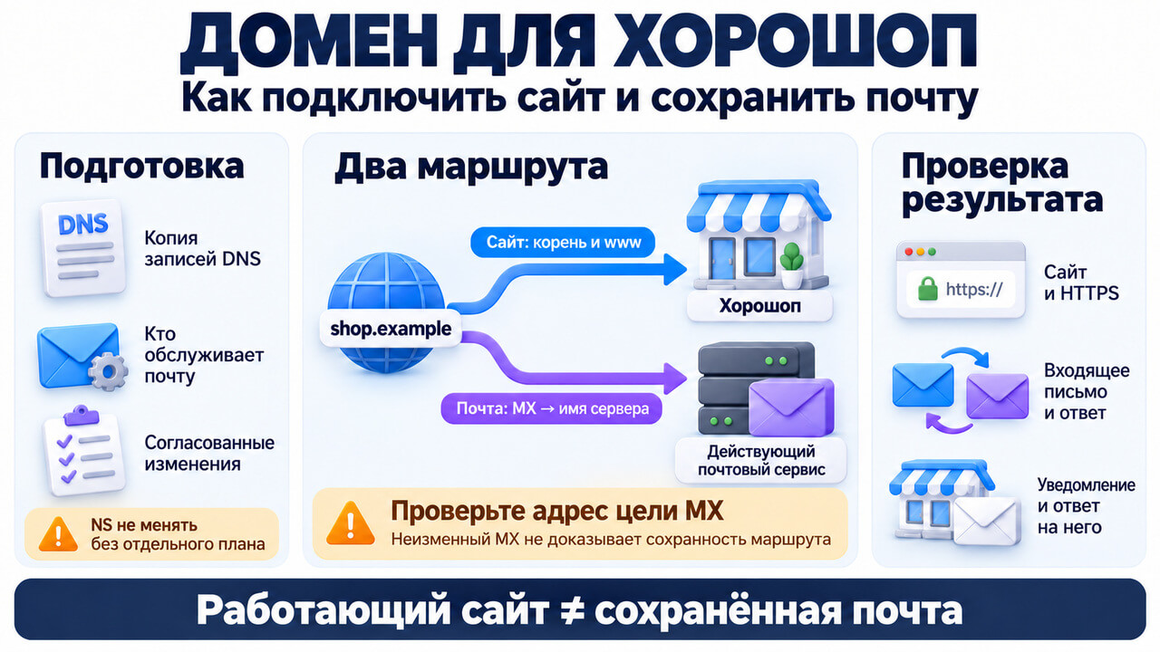 Подключение домена к Хорошопу без потери почты: отдельные маршруты сайта и MX, подготовка DNS и проверка результата