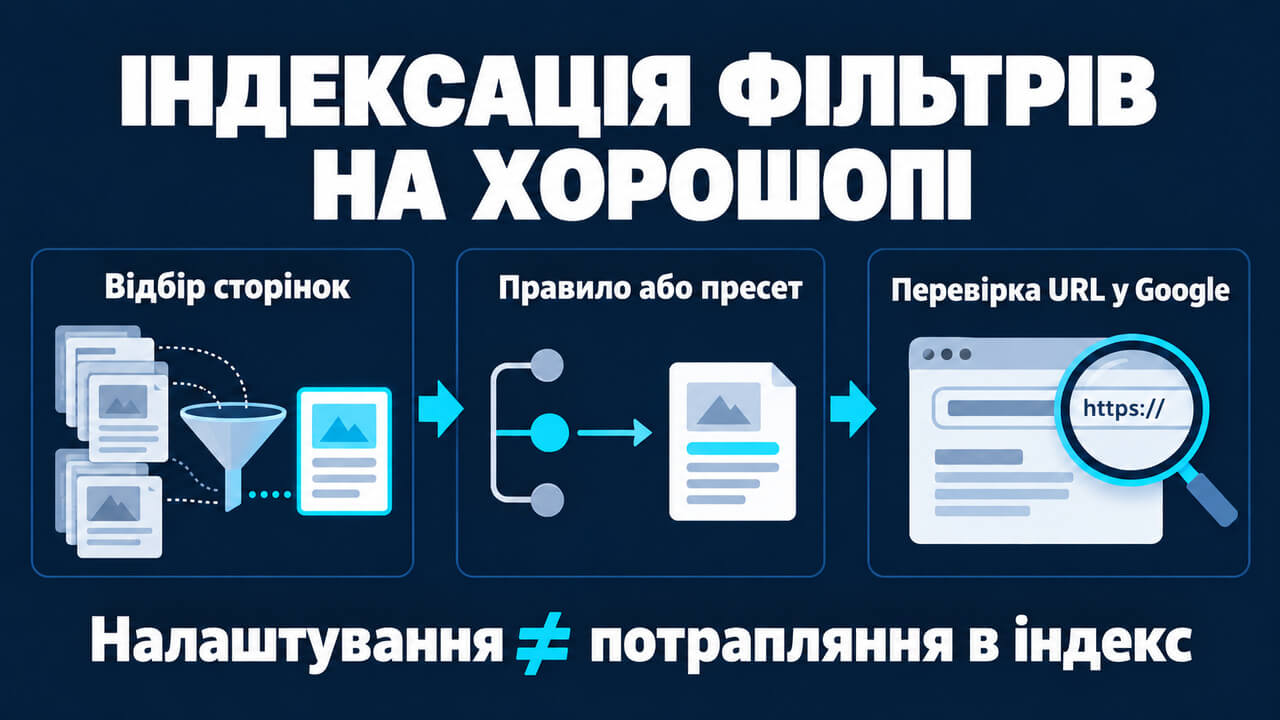 Індексація фільтрів на Хорошопі: відбір корисних сторінок, правило або пресет і окрема перевірка URL у Google