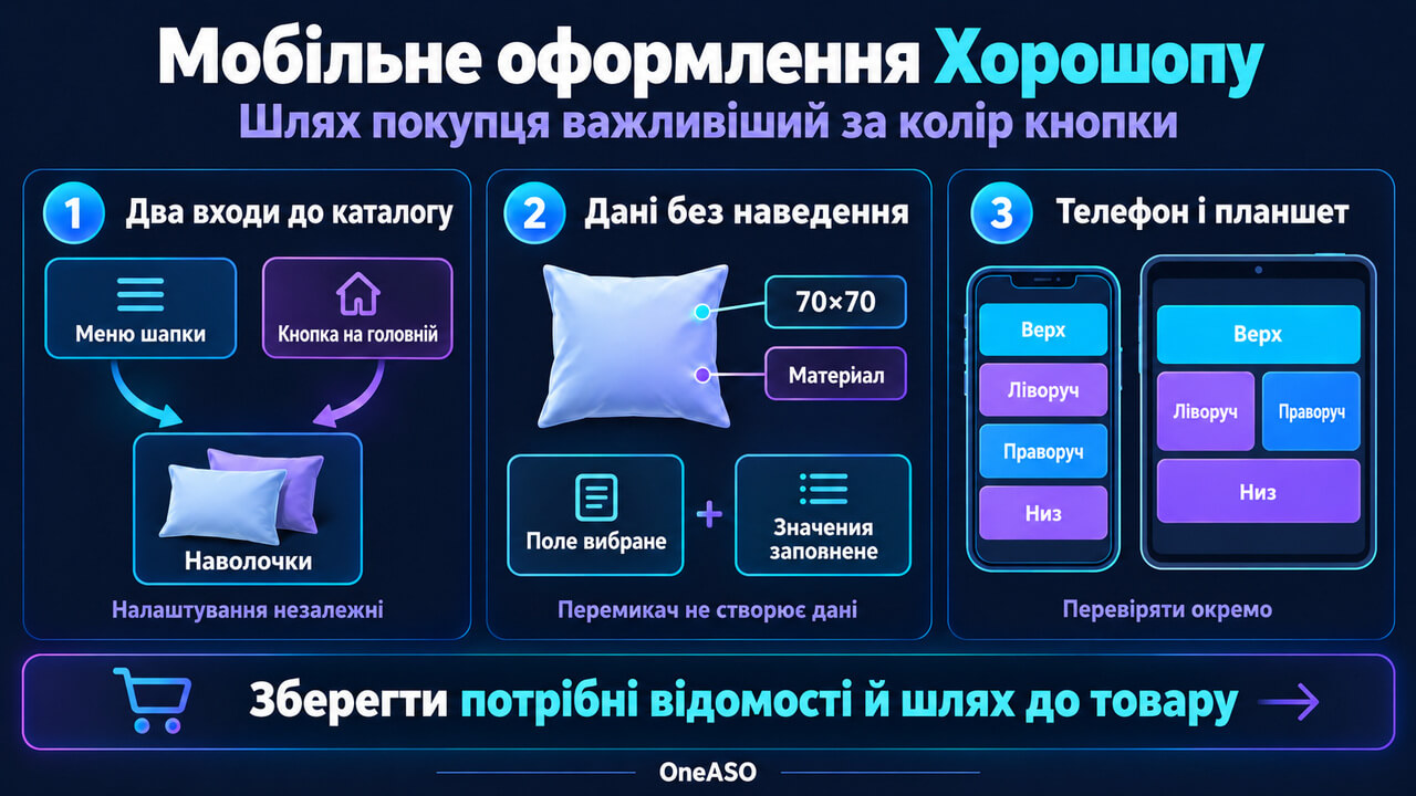 Мобільне оформлення Хорошопу: незалежні входи до каталогу, відомості без наведення та секції телефона й планшета