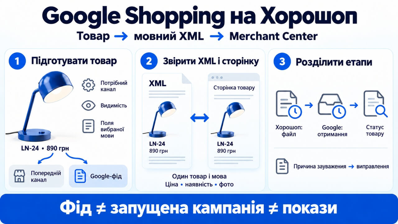 Google Shopping на Хорошоп: вибраний товар, мовний XML, відповідність картці та окреме опрацювання Google