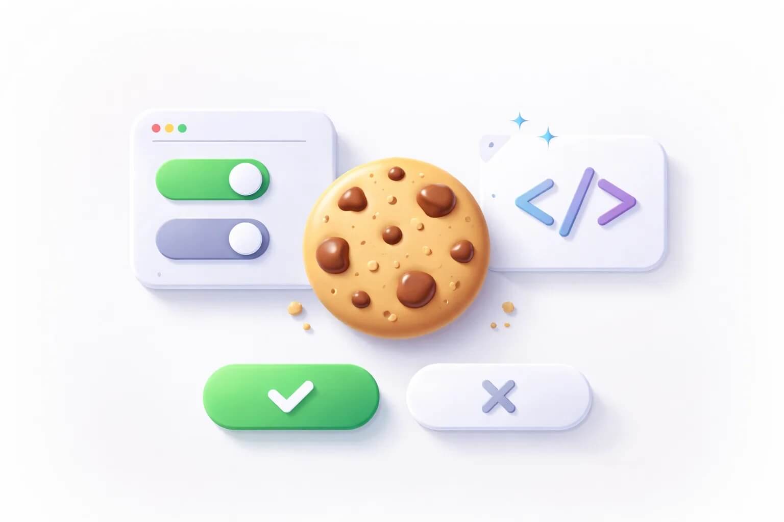 Иллюстрация к политике cookies OneASO: cookie (куки), настройки браузера, переключатели согласия, управление тегами через GTM и понятная схема выбора пользователя.