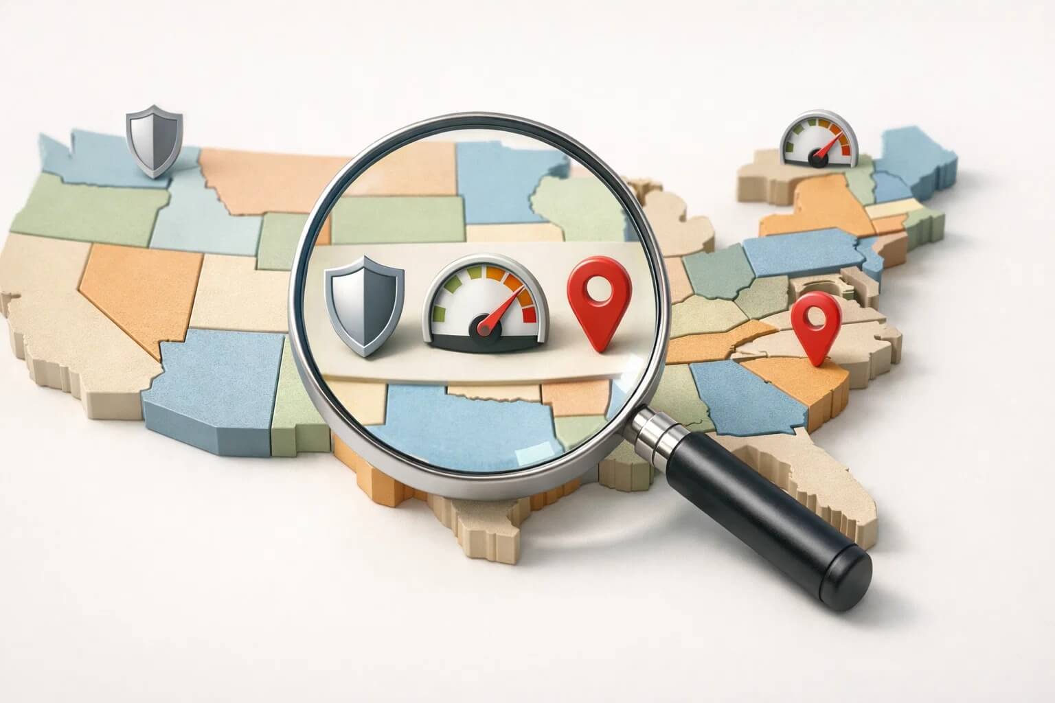 Особливості SEO у США: лупа над картою штатів із символами довіри, швидкості й локального пошуку, мінімалістично і без написів.