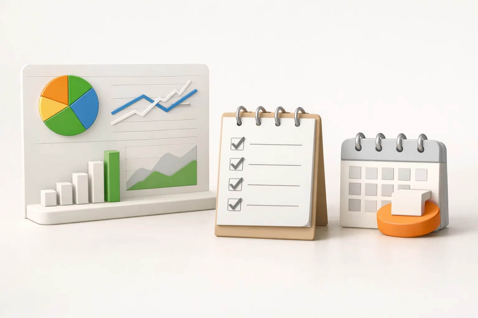 Звітність SEO за KPI: дашборд із графіками без підписів, чек-лист виконаних робіт і календар, що підкреслює регулярний контроль результатів.