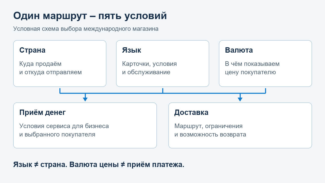 Отдельные условия международной продажи: покупатель, язык, валюта, оплата и доставка