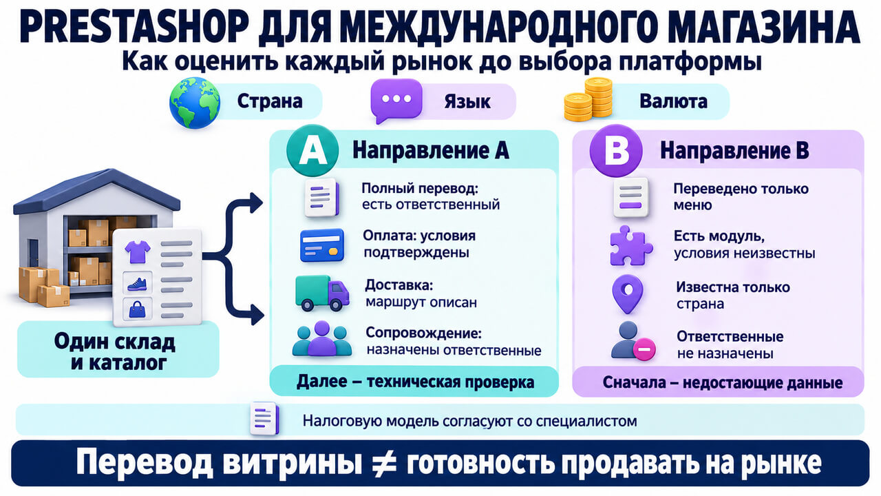 Выбор PrestaShop для международного магазина: условия направлений A и B и недостающие данные