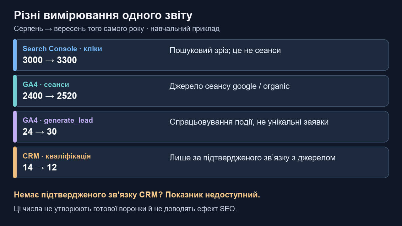 Чотири окремі шари звіту: пошукові кліки, сеанси, події та звернення CRM